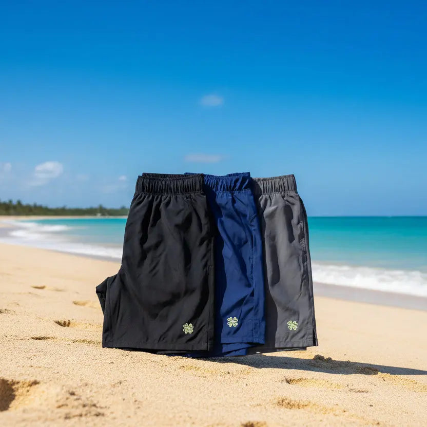 mens athletic shorts in black blue and gray with clover logo lazy tuesdays