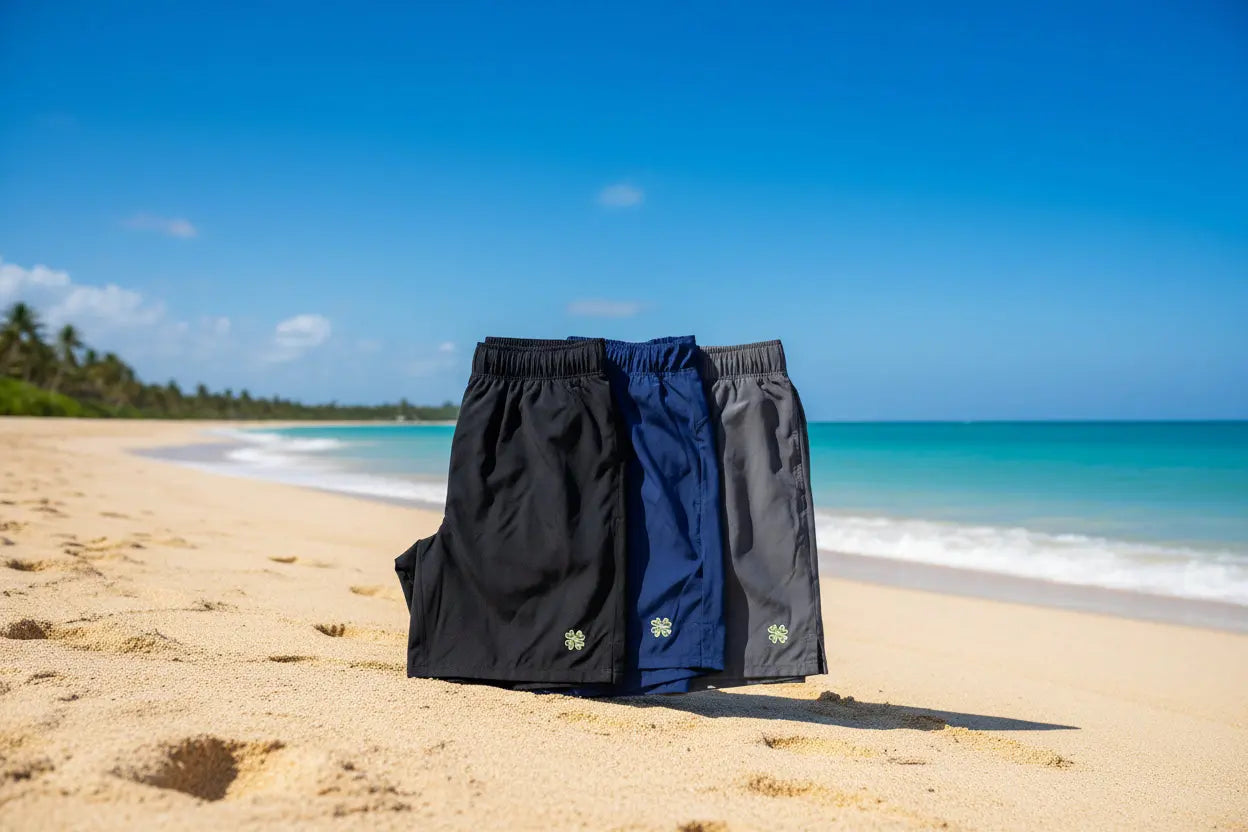 mens athletic shorts in black blue and gray with clover logo lazy tuesdays