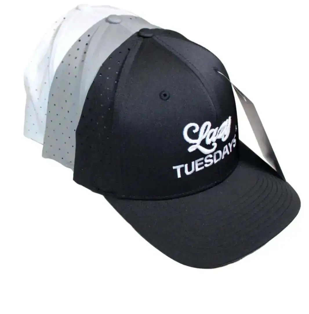 the tuesday hats in black gray and white lazy tuesdays embossed logo