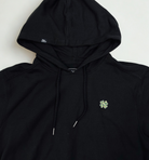 Black Lazy Tuesdays Hoodie with detail shot of embroidery 