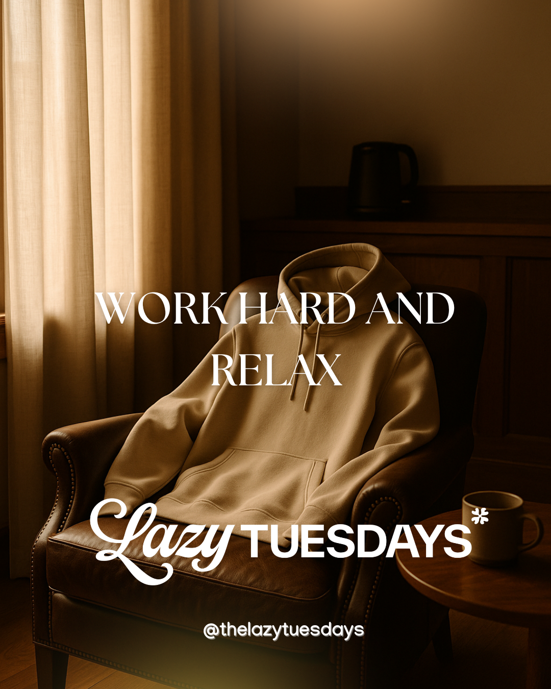 Lazy Tuesdays lifestyle shot of  hoodie strewn over a leather chair