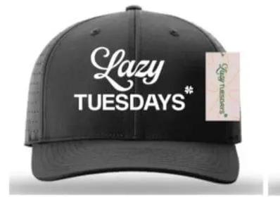 front view of the tuesdays hat in black with white lettering